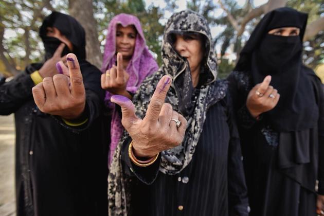 Women shows their ink-marked fingers after casting votes at a polling station in Sawaal near Meerut early in the morning in Uttar Pradesh. Ninety-one Lok Sabha constituencies spread across 18 states and two Union Territories, including all in Andhra Pradesh and Telangana, are going to polls on Thursday in the first-phase. (Raj K Raj / HT Photo) Women shows their ink-marked fingers after casting votes at a polling station in Sawaal near Meerut early in the morning in Uttar Pradesh. Ninety-one Lok Sabha constituencies spread across 18 states and two Union Territories, including all in Andhra Pradesh and Telangana, are going to polls on Thursday in the first-phase. (Raj K Raj / HT Photo)