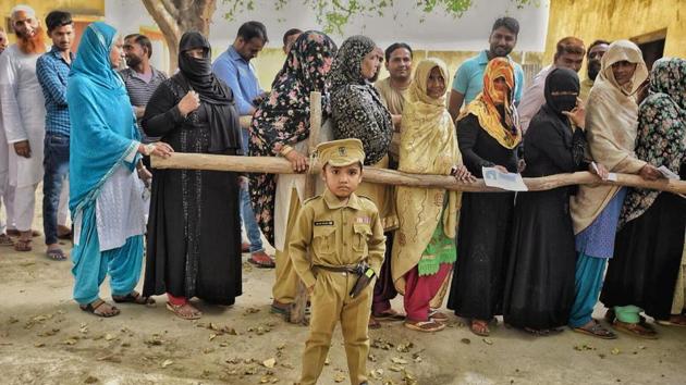 A child dressed up in police uniform lined up at a polling Centre in Sawaal near Meerut. The Uttar Pradesh alliance led by Mayawati and Akhilesh Yadav – once bitter rivals who teamed up in an effort to defeat the ruling Bharatiya Janata Party – faces its first test in Thursday’s polling. (Raj K Raj / HT Photo) A child dressed up in police uniform lined up at a polling Centre in Sawaal near Meerut. The Uttar Pradesh alliance led by Mayawati and Akhilesh Yadav – once bitter rivals who teamed up in an effort to defeat the ruling Bharatiya Janata Party – faces its first test in Thursday’s polling. (Raj K Raj / HT Photo)