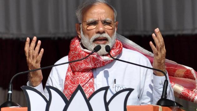 Prime Minister Narendra Modi during the 2nd phase of Loksabha Elections at Vijay Sankalpa Samaroha at Kamrup on Thursday. (ANI photo) Prime Minister Narendra Modi during the 2nd phase of Loksabha Elections at Vijay Sankalpa Samaroha at Kamrup on Thursday. (ANI photo)
