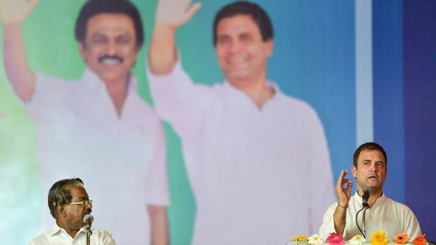 Congress president Rahul Gandhi made a strong pitch for MK Stalin, the leader of the Dravida Munnetra Kazhagam (DMK) as the next chief minister of Tamil Nadu at a rally in the state. Gandhi said Stalin will head the next government in Tamil Nadu, which will vote for a new assembly in 2021. The Congress is fighting the Lok Sabha polls in alliance with the DMK on 40 seats in Tamil Nadu and Puducherry. (PTI) Congress president Rahul Gandhi made a strong pitch for MK Stalin, the leader of the Dravida Munnetra Kazhagam (DMK) as the next chief minister of Tamil Nadu at a rally in the state. Gandhi said Stalin will head the next government in Tamil Nadu, which will vote for a new assembly in 2021. The Congress is fighting the Lok Sabha polls in alliance with the DMK on 40 seats in Tamil Nadu and Puducherry. (PTI)