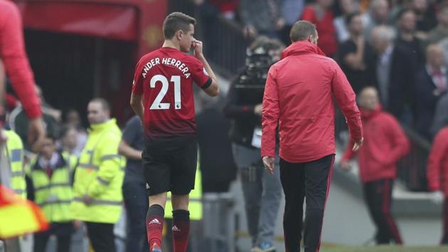 Manchester United's Ander Herrera walks off injured during the English Premier League soccer match between Manchester United and Liverpool at Old Trafford stadium in Manchester, England, Sunday, Feb. 24, 2019.(AP) Manchester United's Ander Herrera walks off injured during the English Premier League soccer match between Manchester United and Liverpool at Old Trafford stadium in Manchester, England, Sunday, Feb. 24, 2019.(AP)