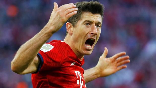 Bayern Munich's Robert Lewandowski celebrates scoring their second goal.(REUTERS)