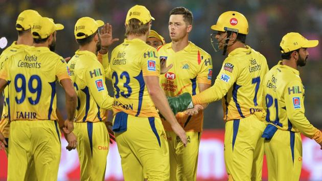 Members of the Chennai Super Kings team celebrate a wicket. (AFP) Members of the Chennai Super Kings team celebrate a wicket. (AFP)