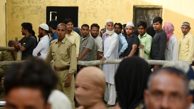 People in queues to cast their votes at Sawal village, in Uttar Pardesh. The last day of polling in the seven-phase election is May 19, and the counting of votes for all 543 Lok Sabha seats will be taken up and results declared on May 23. (Raj K Raj / HT Photo)