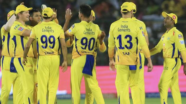 Chennai Super Kings' players celebrate the dismissal of a Rajasthan Royals' wicket. (AP)