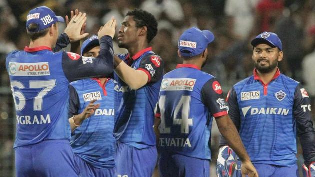 Delhi Capitals' Keemo Paul, second left celebrates with teammates after dismissing Kolkata Knight Riders' Shubman Gill. (AP)