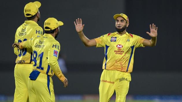 Chennai Super Kings' Imran Tahir, D Shorey and Kedar Jadhav celebrate the dismissal of Rajasthan Royals batsman Sanju Samson. (PTI)