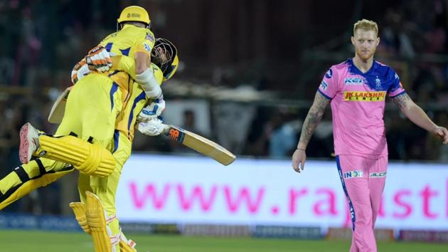 Chennai Super Kings (CSK) batsmen Ravindra Jadeja and Mitchell Santner celebrate after beating Rajasthan Royals (RR). (PTI) Chennai Super Kings (CSK) batsmen Ravindra Jadeja and Mitchell Santner celebrate after beating Rajasthan Royals (RR). (PTI)