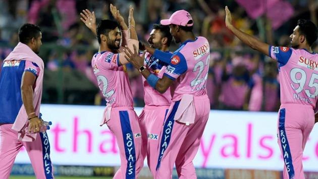Jaipur: Rajasthan Royals players celebrates after dismissal of Chennai Super Kings batsman Faf du Plessis. (PTI)