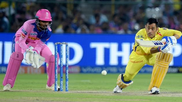 Jaipur: Chennai Super Kings (CSK) batsman MS Dhoni plays a shot. (PTI)