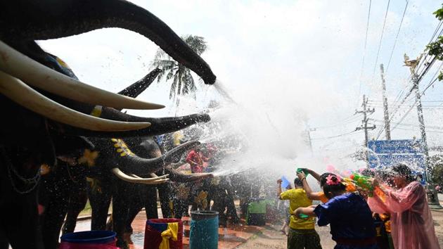 Revellers and elephants splash water at each other during a ceremony to celebrate the Buddhist New Year, locally known as Songkran, in Ayutthaya, Thailand. (Jewel Samad / AFP) 