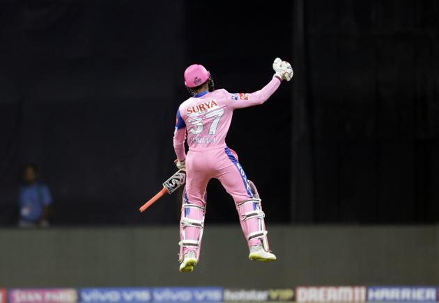 Rajasthan Royals Shreyas Gopal celebrates after his team won the VIVO IPL T20 cricket match between Mumbai Indians and Rajasthan Royals in Mumbai. (AP)