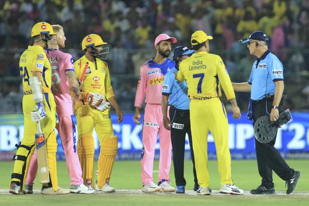 MS Dhoni and Ajinkya discuss with umpires over a No Ball. (AP) MS Dhoni and Ajinkya discuss with umpires over a No Ball. (AP)