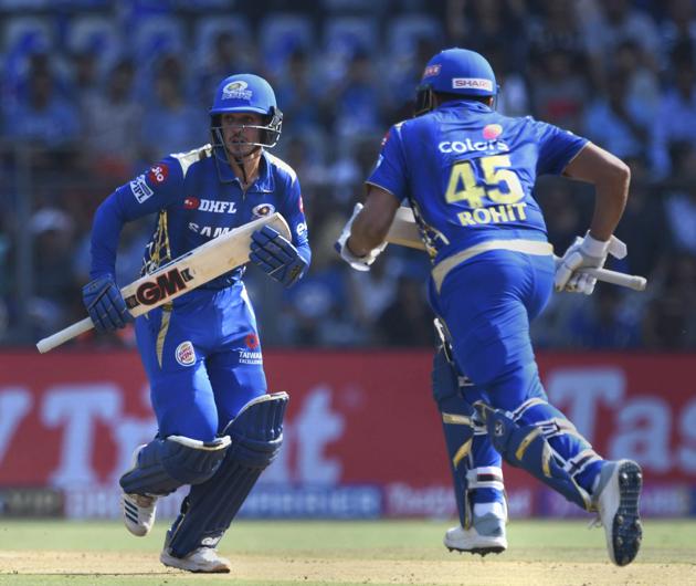 Mumbai: Mumbai Indians' Rohit Sharma and Quinton de Kock take runs during the Indian Premier League 2019 cricket match against Rajastan Royals at Wankhade Stadium in Mumbai. (PTI)