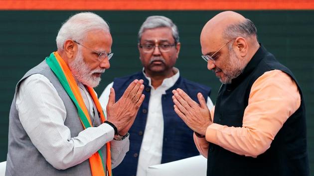 Indian Prime Minister Narendra Modi and chief of India’s ruling Bharatiya Janata Party (BJP) Amit Shah, greet each other before releasing their party’s election manifesto for the April/May general election in New Delhi. (Adnan Abidi / REUTERS) Indian Prime Minister Narendra Modi and chief of India’s ruling Bharatiya Janata Party (BJP) Amit Shah, greet each other before releasing their party’s election manifesto for the April/May general election in New Delhi. (Adnan Abidi / REUTERS)