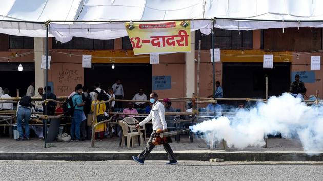 A municipal worker fumigates to get rid of mosquitoes at an election material distribution centre in Noida, Uttar Pradesh a day before the beginning of the first phase of the 2019 general election. (Money Sharma / AFP) A municipal worker fumigates to get rid of mosquitoes at an election material distribution centre in Noida, Uttar Pradesh a day before the beginning of the first phase of the 2019 general election. (Money Sharma / AFP)