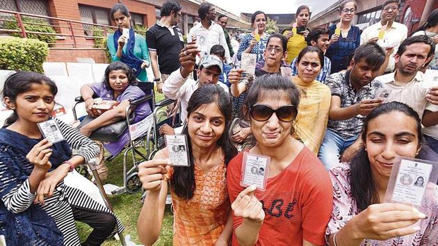 Specially abled people at an awareness programme on ‘accessible elections’, organised recently by the Chief Electoral Officer, Delhi, in collaboration with an NGO.(Raj K Raj/HT PHOTO)