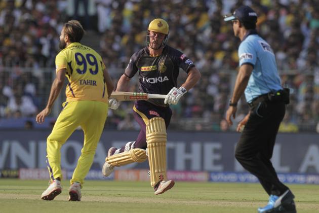 Kolkata Knight Riders' Chris Lynn scores a run as Chennai Super Kings' Imran Tahir, left, reacts during the IPL cricket T20 match against in Kolkata. (AP) Kolkata Knight Riders' Chris Lynn scores a run as Chennai Super Kings' Imran Tahir, left, reacts during the IPL cricket T20 match against in Kolkata. (AP)