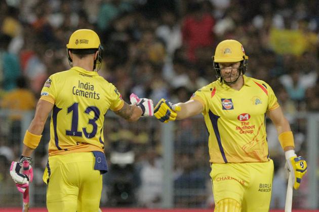 Chennai Super Kings' Faf du Plessis, left and Shane Watson encourage each other during the IPL cricket T20 match against Kolkata Knight Riders in Kolkata. (AP) Chennai Super Kings' Faf du Plessis, left and Shane Watson encourage each other during the IPL cricket T20 match against Kolkata Knight Riders in Kolkata. (AP)