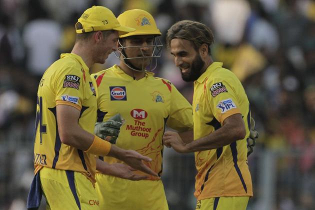 Chennai Super Kings' teammates congratulate Imran Tahir, right after taking wicket of Kolkata Knight Riders' Chris Lynn during the IPL cricket T20 match against in Kolkata. (AP) Chennai Super Kings' teammates congratulate Imran Tahir, right after taking wicket of Kolkata Knight Riders' Chris Lynn during the IPL cricket T20 match against in Kolkata. (AP)