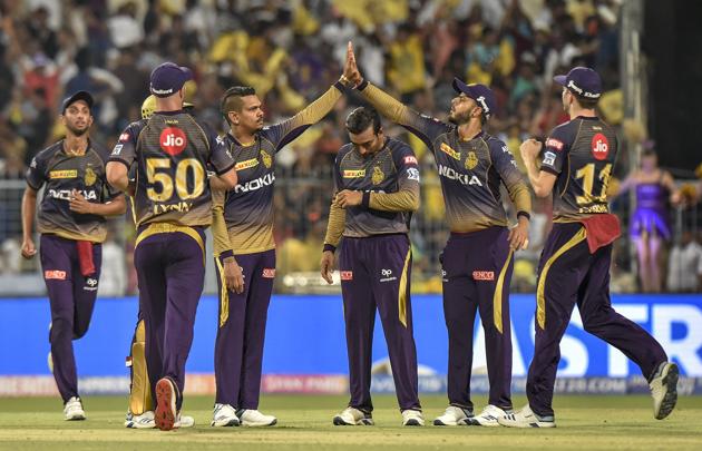 Kolkata: KKR players celebrate after dismissing Faf Du Plessis during the Indian Premier League 2019 (IPL T20) cricket match between Kolkata Knight Rider (KKR) and Chennai Super King(CSK) at Eden Gardens. (PTI) Kolkata: KKR players celebrate after dismissing Faf Du Plessis during the Indian Premier League 2019 (IPL T20) cricket match between Kolkata Knight Rider (KKR) and Chennai Super King(CSK) at Eden Gardens. (PTI)