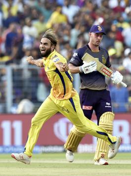 Kolkata: CSK bower Imran Tahir celebrates after dismissing Chris Lynn during the Indian Premier League 2019 (IPL T20) cricket match between Kolkata Knight Rider (KKR) and Chennai Super King (CSK) at Eden Gardens. (PTI) Kolkata: CSK bower Imran Tahir celebrates after dismissing Chris Lynn during the Indian Premier League 2019 (IPL T20) cricket match between Kolkata Knight Rider (KKR) and Chennai Super King (CSK) at Eden Gardens. (PTI)