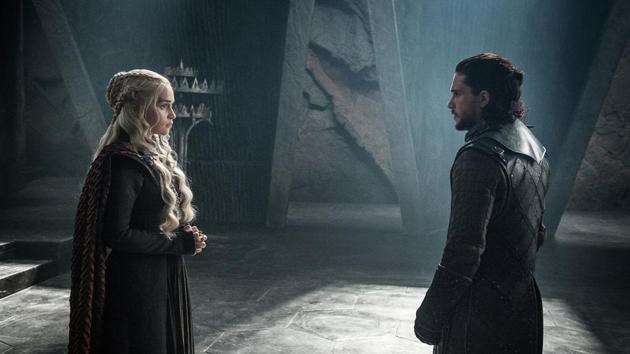 This photo provided by HBO shows Emilia Clarke as Daenerys Targaryen and Kit Harington as Jon Snow in a scene from HBO's Game of Thrones. The final season premieres on Sunday. (Helen Sloan/Courtesy of HBO via AP)(AP)