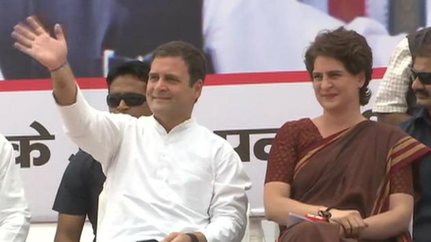 Congress President Rahul Gandhi waves to supporters during an election rally in Fatehpur Sikri. “Wherever potato is grown, a chips factory will be set up there. Wherever tomato is grown, a tomato ketchup factory will be set up there. We are creating a network of food processing industries in MP, Chhattisgarh and Rajasthan. Farmers will sell their produce directly to factories,” he said at the rally. (ANI )