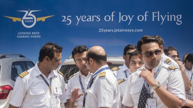 On Monday, Jet Airways pilots body, the National Aviator’s Guild, appealed the State Bank of India to release Rs 1,500 crore, which was proposed to be infused in the ailing carrier as part of a debt-restructuring plan last month. The airline is operating just 6-7 planes, with almost its entire fleet grounded due to non-payment of rentals to lessors amid severe paucity of cash. (Satyabrata Tripathy / HT Photo)