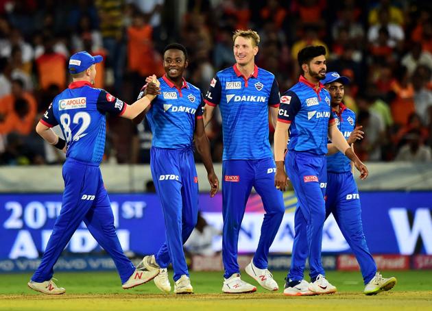 Hyderabad: DC player K Rabada celebrate with teammates after taken catch of Sunrisers batsman Kane Williamson during the Indian Premier League 2019 (IPL T20) cricket match between Sunrisers Hyderabad (SH) and Delhi Capitals (DC) at Rajiv Gandhi International Stadium in Hyderabad. (PTI)