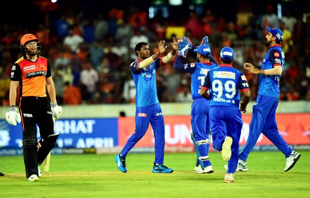 Hyderabad: Delhi Capitals (DC) bowler Keemo Paul celebrate with team mates after taking the wicket of SH batsman Jonny Bairstow (L) during the Indian Premier League 2019 (IPL T20) cricket match between Sunrisers Hyderabad (SH) and Delhi Capitals (DC) at Rajiv Gandhi International Stadium in Hyderabad. (PTI)