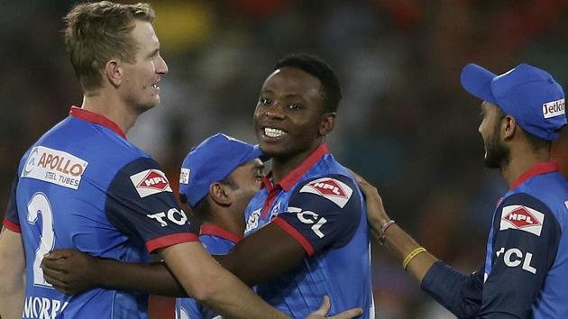 Delhi Capitals' Kagiso Rabada, centre, celebrates the dismissal of Sunrisers Hyderabad's David Warner. (AP) Delhi Capitals' Kagiso Rabada, centre, celebrates the dismissal of Sunrisers Hyderabad's David Warner. (AP)