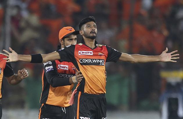 Sunrisers Hyderabad's Khaleel Ahmed, celebrates the dismissal of Delhi Capitals Shikhar Dhawan during the IPL T20 cricket match between Sunrisers Hyderabad and Delhi Capitals in Hyderabad. (AP)