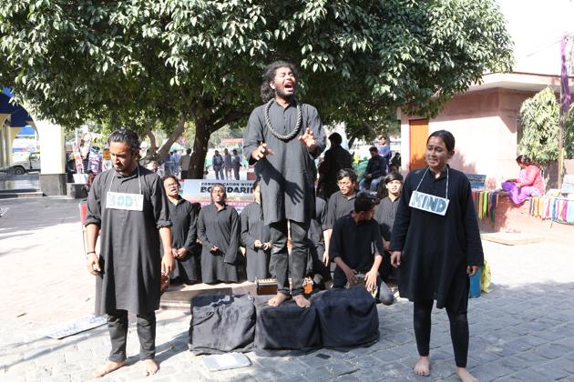 Abhinay, the dramatics society of Maharaja Agrasen College, presented their street play Ab, Normal, which talked about patriarchy, gender inequality and feminism.(Prabhas Roy/HT)