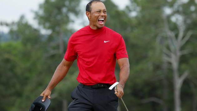 Tiger Woods of the U.S. celebrates on the 18th hole after winning the 2019 Masters.(REUTERS)