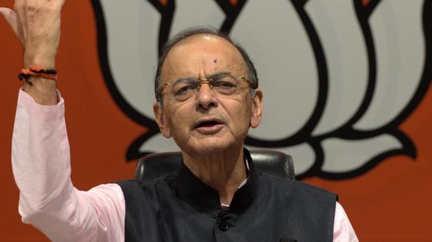 New Delhi, India - April 2, 2019: Union Finance Minister and BJP leader Arun Jaitley addresses a press conference to react on Congress party manifesto, at BJP headquarters in New Delhi, India, on Tuesday, April 2, 2019. (Photo by Mohd Zakir/ Hindustan Times)(Mohd Zakir/HT PHOTO)