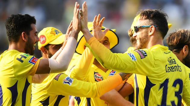 Chennai Super Kings cricketer Faf Du Plessis (R) celebrates with teammates. (AFP) Chennai Super Kings cricketer Faf Du Plessis (R) celebrates with teammates. (AFP)