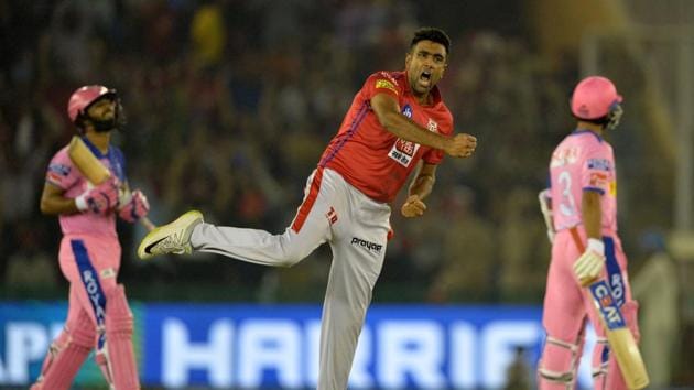 Kings XI Punjab bowler Ravichandran Ashwin (C)celebrates after he dismissed Rajasthan Royals batsman Rahul Tripathi during the 2019 Indian Premier League (IPL) Twenty20 cricket match between Kings XI Punjab and Rajasthan Royals at The Punjab Cricket Association Stadium in Mohali on April 16, 2019.(AFP)