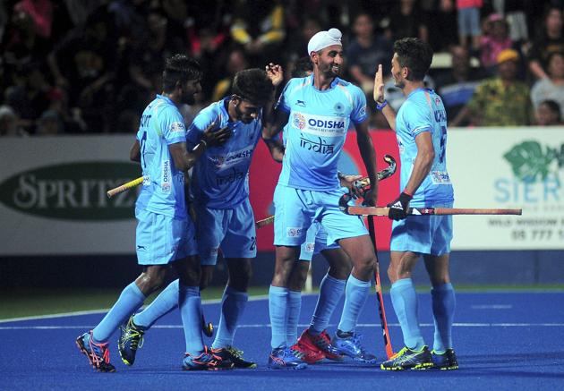 Indian Men's Hockey players celebrate their win over Malaysia 4-2 in an exciting encounter at the 28th Sultan Azlan Shah Cup 2019 in Ipoh, Tuesday, March 26, 2019.(PTI)