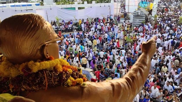 A huge crowd gathered at the Ambedkar statue in Pimpri to celebrate the 128th birth anniversary of Babasaheb Ambedkar on Sunday. (HT PHOTO)