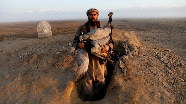 Jan Agha carries artificial cranes. “Some of my sons have learned hunting from me and I hope to see at least two of my sons become hunters so my name is remembered and people know my sons after my death.” (Mohammad Ismail / REUTERS) Jan Agha carries artificial cranes. “Some of my sons have learned hunting from me and I hope to see at least two of my sons become hunters so my name is remembered and people know my sons after my death.” (Mohammad Ismail / REUTERS)
