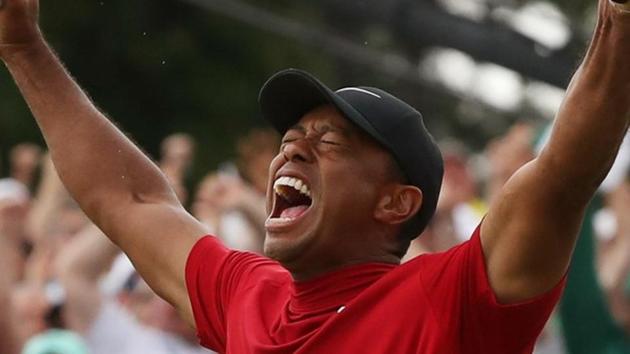 Tiger Woods celebrates after winning the 2019 Masters.(Reuters)