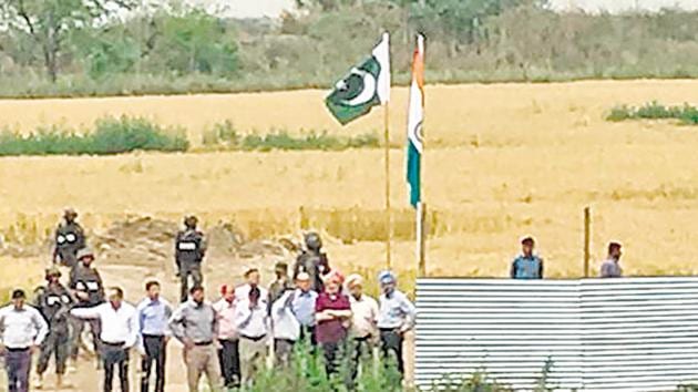 Officials from India and Pakistan before their meeting on Kartarpur Corridor project at the Zero Line along the international border at Dera Baba Nanak on Tuesday, April 16, 2019. (HT Photo) Officials from India and Pakistan before their meeting on Kartarpur Corridor project at the Zero Line along the international border at Dera Baba Nanak on Tuesday, April 16, 2019. (HT Photo)