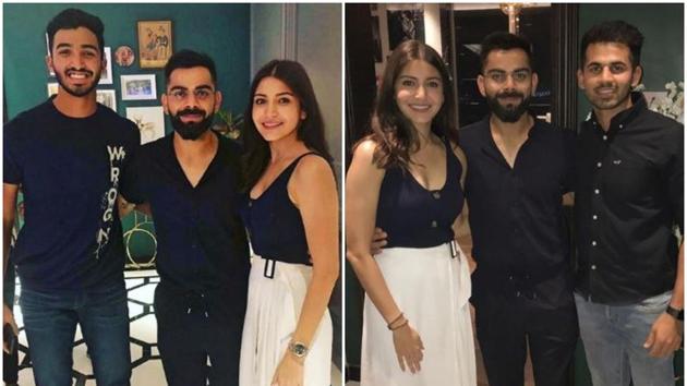 Anushka Sharma and Virat Kohli pose with RCB members Dev Padikkal (left) and Himmat Singh.(Instagram)