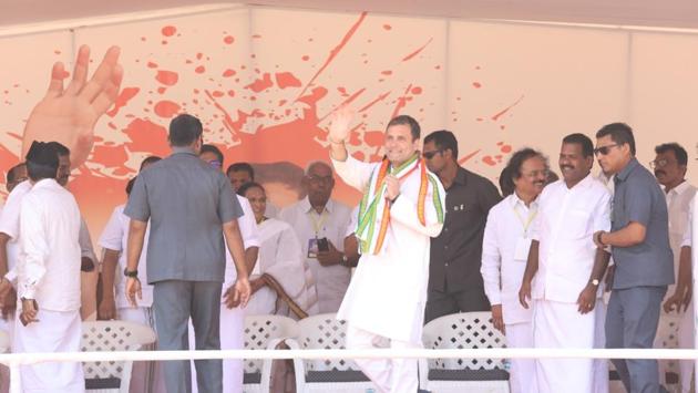 At his first poll rally in Kerala’s Wayanad after choosing it as his second Lok Sabha seat, Rahul Gandhi said he wanted to send out a message by contesting from the south. Wayanad, Rahul Gandhi said, came first to his mind when he decided to contest from a seat in southern India apart from Amethi in Uttar Pradesh. (Vivek Nair / HT Photo) At his first poll rally in Kerala’s Wayanad after choosing it as his second Lok Sabha seat, Rahul Gandhi said he wanted to send out a message by contesting from the south. Wayanad, Rahul Gandhi said, came first to his mind when he decided to contest from a seat in southern India apart from Amethi in Uttar Pradesh. (Vivek Nair / HT Photo)