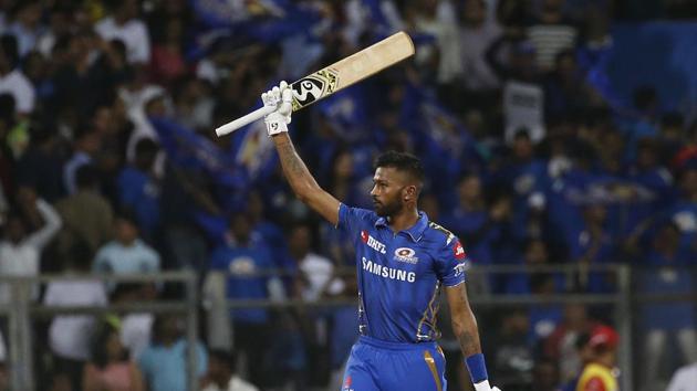 Mumbai Indians Hardik Pandya celebrates after they won the VIVO IPL T20 cricket match against Royal Challengers Bangalore in Mumbai, India, Monday, April 15, 2019(AP)