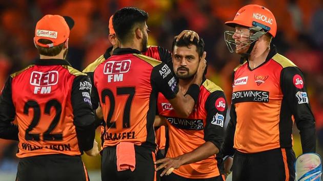 Hyderabad: SH bowler Shahbaz Nadeem with teammates celebrate after dismissing CSK batsman Shane Watson. (PTI)