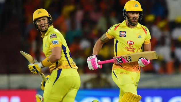 CSK's cricketers Faf Du Plesis and Shane Watson run between the wickets. (PTI) CSK's cricketers Faf Du Plesis and Shane Watson run between the wickets. (PTI)