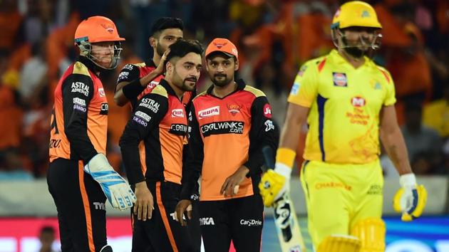 Rashid Khan with teammates celebrate after dismissing CSK batsman Suresh Raina. (PTI) Rashid Khan with teammates celebrate after dismissing CSK batsman Suresh Raina. (PTI)