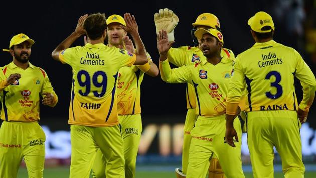 CSK bowler Imran Tahir with team mates celebrate after taking the wicket of SRH batsman Kane Williamson. (PTI) CSK bowler Imran Tahir with team mates celebrate after taking the wicket of SRH batsman Kane Williamson. (PTI)